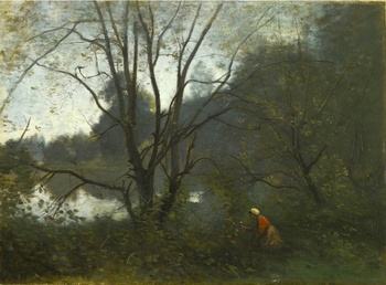 Ville d’Avray, Fourré au bord de l’étang avec une Paysanne a genoux (Ville d’Avray, Thicket at the edge of a pond with a kneeling peasant) , c. 1855-60 by Jean-Baptiste-Camille Corot (French, 1796 - 1875)