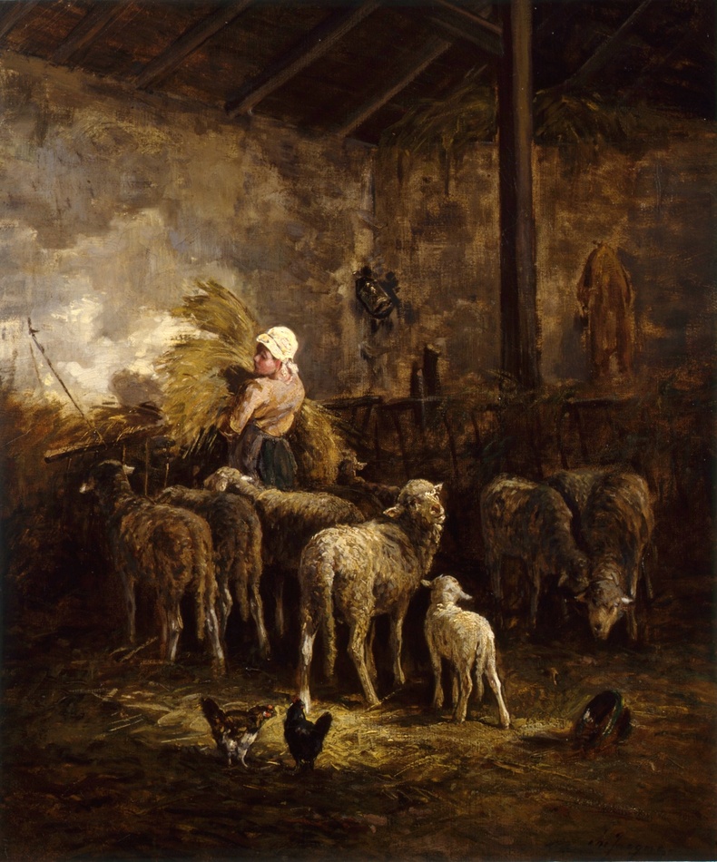 Sheep and Shepherdess in a Sheepfold by Charles Jacque (French, 1813 - 1894)