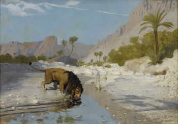 Lion drinking from a Desert Stream , c. 1885 by Jean-Léon Gérôme (French, 1824 - 1904)
