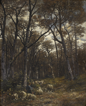 Shepherd and flock in a moonlit forest by Charles Jacque (French, 1813 - 1894)