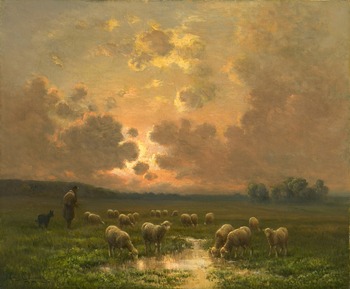 Shepherd and Sheep at Twilight by Paul Chaigneau (French, 1879 - 1938)