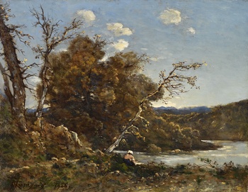 Autumn Landscape with Washerwoman at the River, 1906 by Henri-Joseph Harpignies (French, 1819 - 1916)