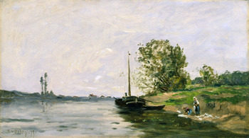 Paysage à la Péniche et aux Lavandières (Landscape with a Barge and Washerwomen) by Hippolyte Camille Delpy (French, 1842 - 1910)