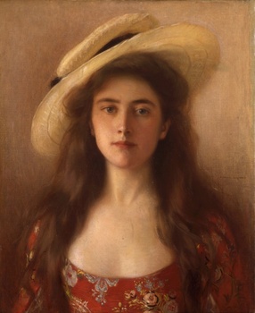 Young Beauty in a Straw Hat by Albert Lynch (Peruvian, 1851 - 1912)