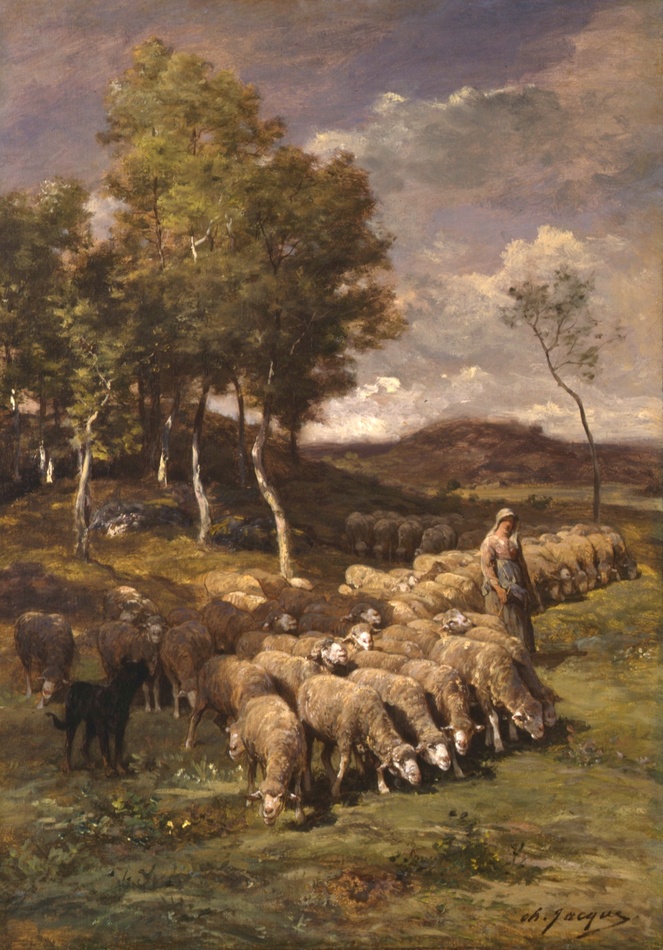 Shepherdess with Her Flock and Dog by Charles Jacque (French, 1813 - 1894)