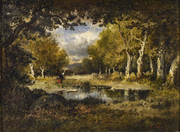 Ramasseuse de bois en jupe rouge, forêt de Fontainebleau, c. 1866 by Narcisse Virgile Diaz de la Pena (French, 1807 - 1876)