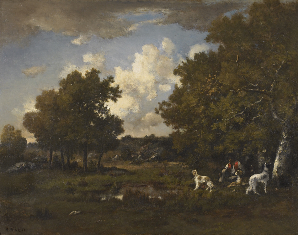 Boy with four spaniels, Fontainebleau Forest, 1875 by Narcisse Virgile Diaz de la Pena (French, 1807 - 1876)