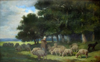 Shepherdess and Sheep at the Edge of the Forest by Charles Jacque (French, 1813 - 1894)
